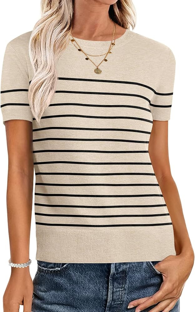 ANRABESS Womens Short Sleeve Sweaters Wool Blend Crew Neck Sweater Shirts Business Casual Work To... | Amazon (US)