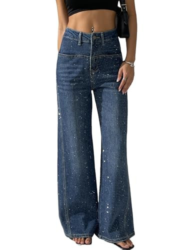 heipeiwa Women's Rhinestone Jeans Wide Leg Flare Denim Pants High Waist Sparkle Shiny Sequin Glitter Trouser Blue | Amazon (US)