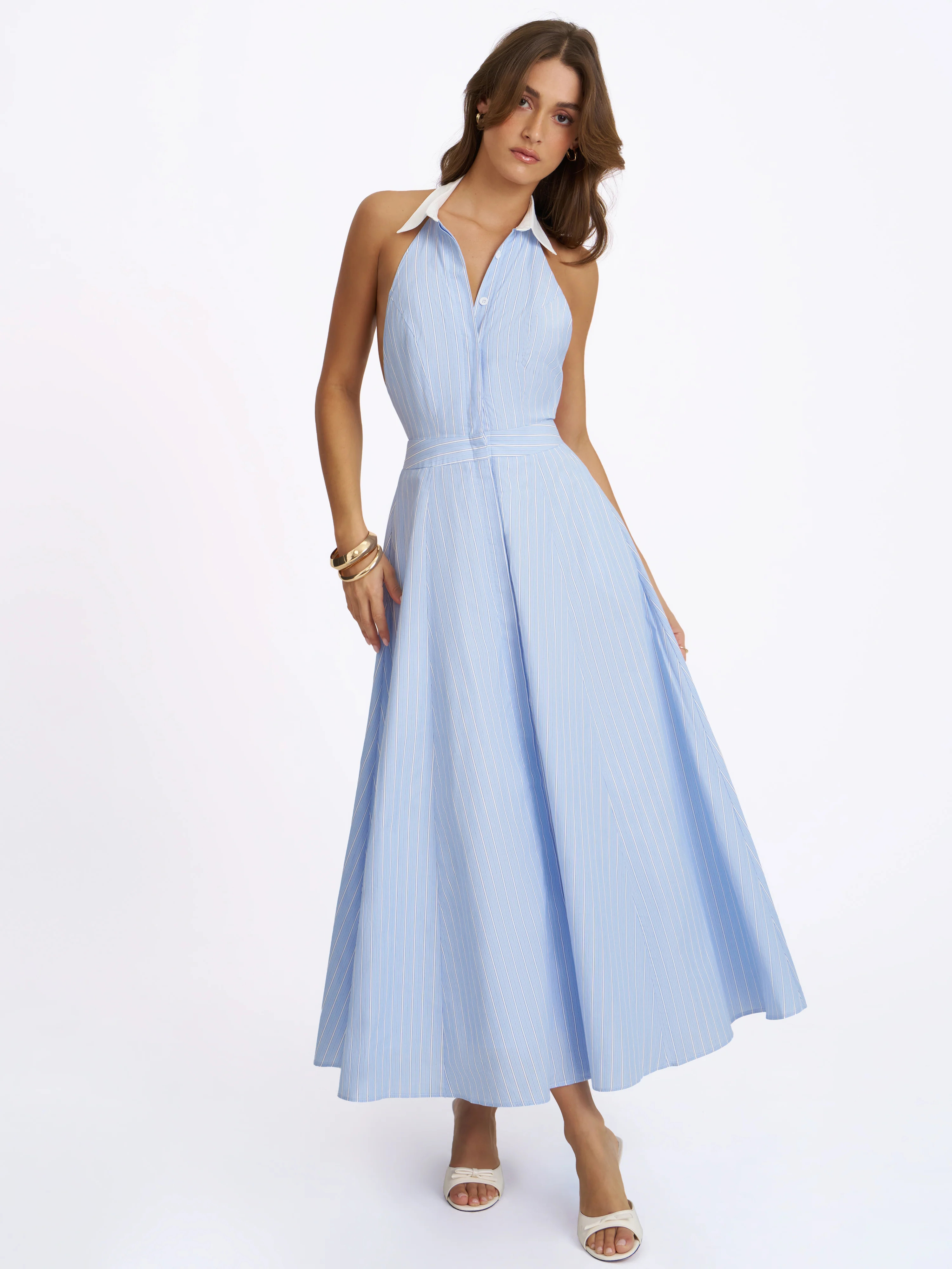 Winslet Sky Blue Striped Cotton Poplin Halter Maxi Dress | Miss Circle