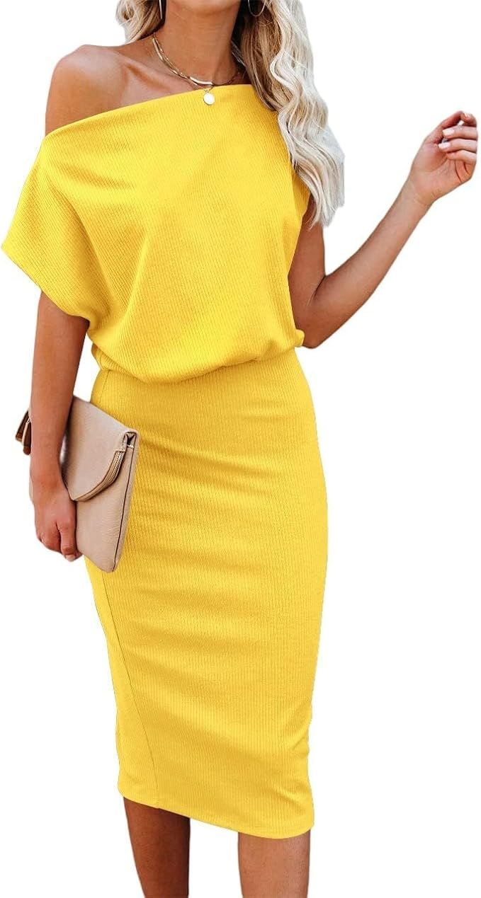 Ezbelle Women's 2024 Summer Dress Off The Shoulder Short Sleeve Ribbed Casual Party Bodycon Midi ... | Amazon (US)