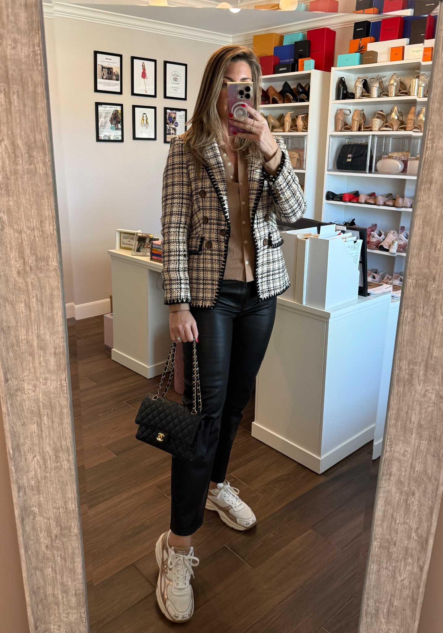Love pairing tailored with edgy. Try this outfit formula: straight leg ankle leather pants + tweed blazer + sporty sneakers. I layered a ribbed collared shirt underneath for a more polished look. 

Shirt runs TTS. Wearing size S.
Blazer is old. Linked similar styles. 
Pants run TTS. Wearing size 28. 
Sneakers when small. Size up. (Whole sizes only.)

#LTKOver40 #LTKTall #LTKWorkwear