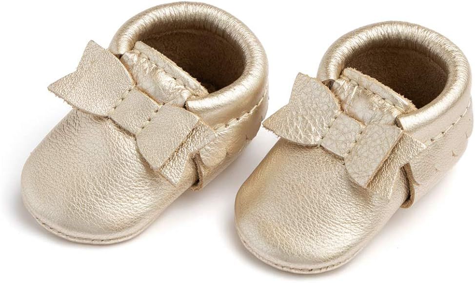 Soft Sole Leather Bow Moccasins - Newborn Baby Girl Shoes - Infant Size 0 - Multiple Colors | Amazon (US)