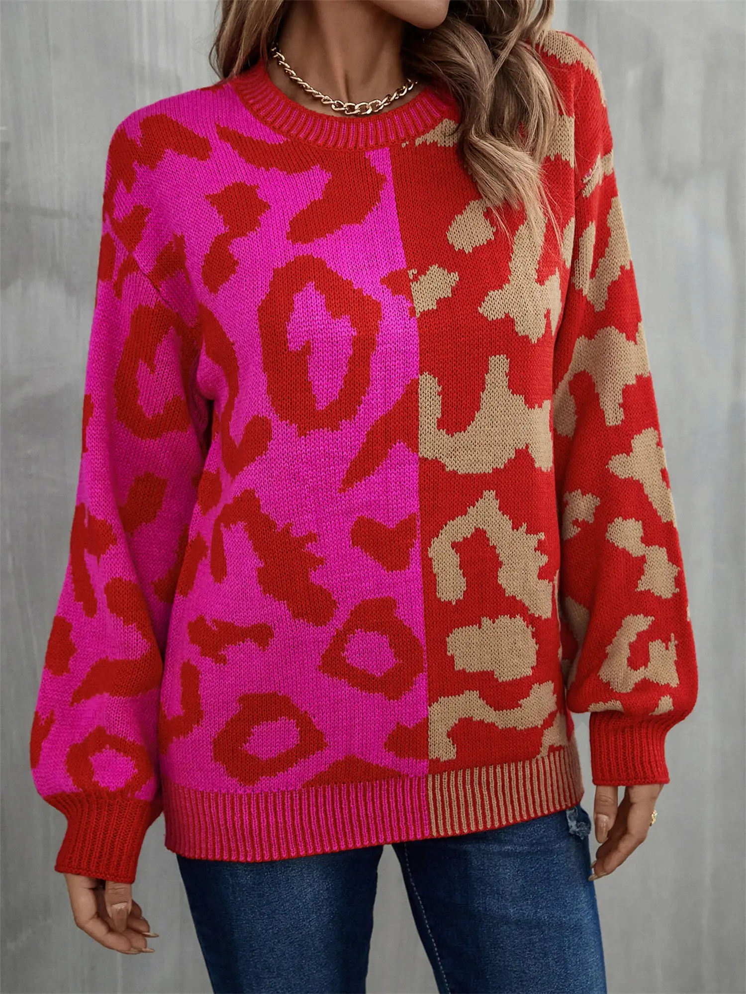 Round Neck Contrast Color Dropped Shoulder Sweater | Rose/Red / S | Casual Chic Boutique