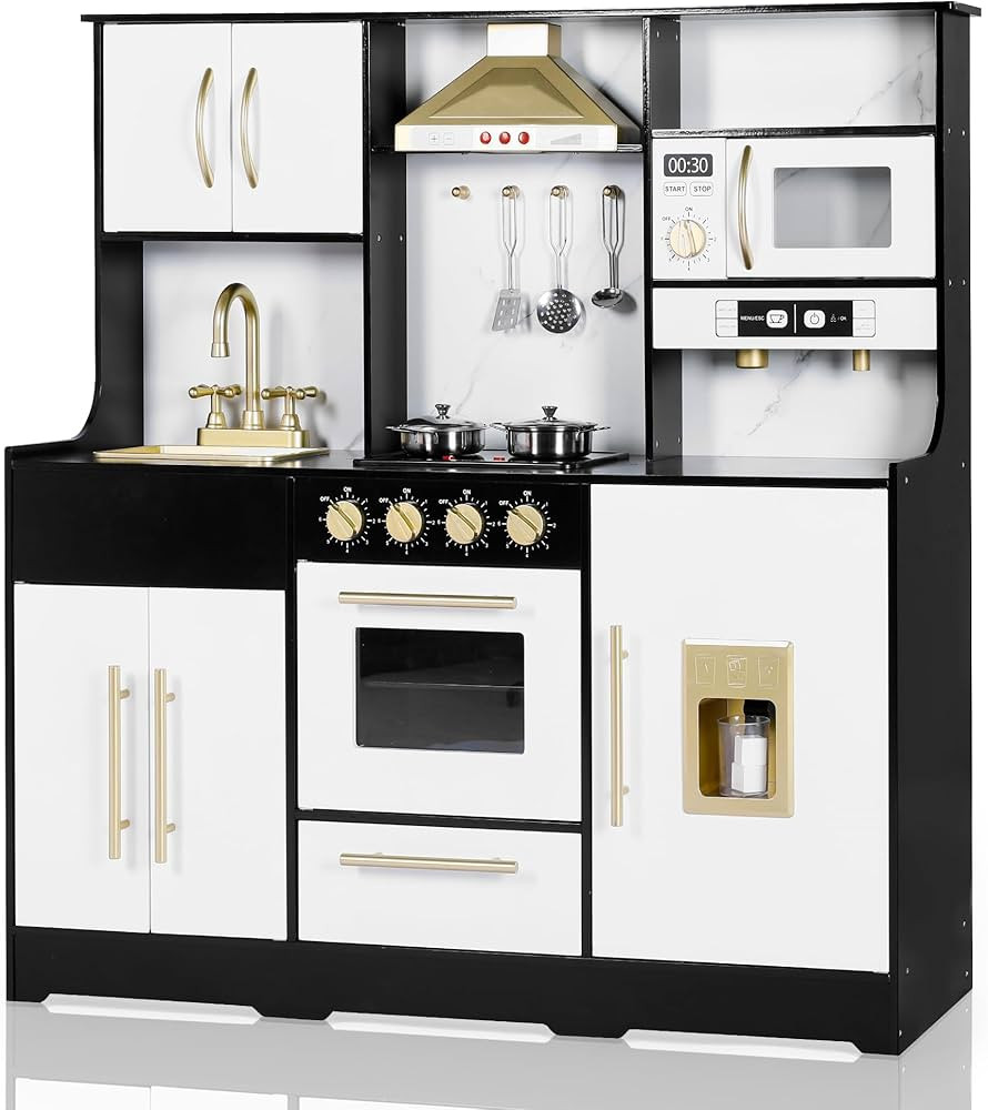 Kids Kitchen Playset, Wooden Play Kitchen with Toy Storage System, Pretend Play Kitchen Set Toy w... | Amazon (US)