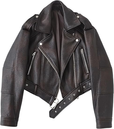 LY VAREY LIN Women Faux Leather Cropped Jacket Lapel Zipper Biker Short Coat with Belt | Amazon (US)