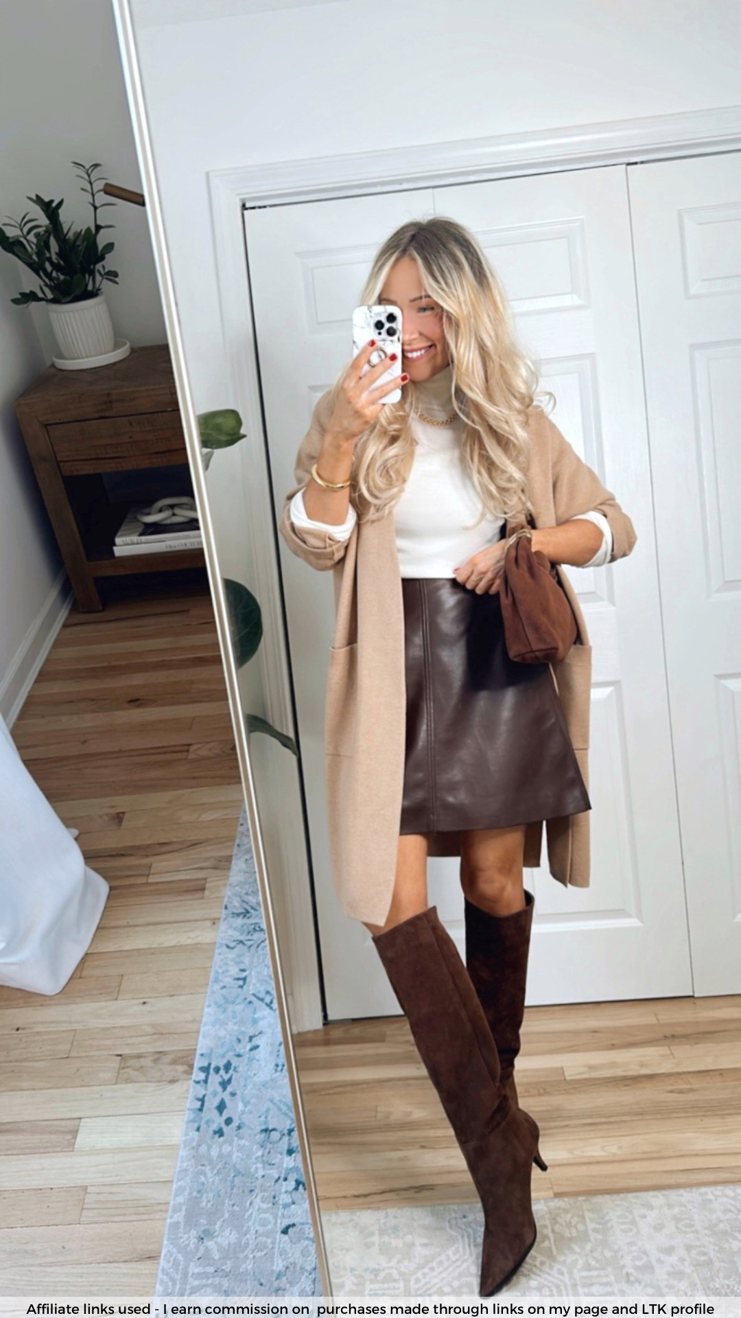 Brown faux leather skirt outfit idea for fall

Long camel duster cardigan sweater
Cream turtleneck 
Brown suede knee high boots
Chocolate brown outfit
Lunch date outfit 

#LTKootd