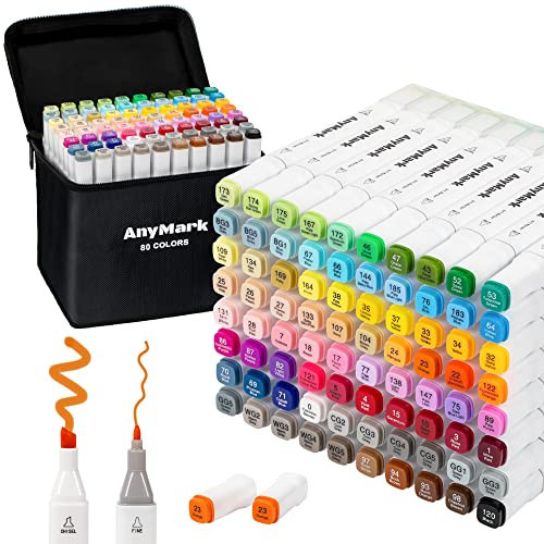 AnyMark 80 Colors Alcohol Markers, Dual Tip Alcohol Based Art Markers for Kids Adults Coloring Drawing, Chisel & Fine | Amazon (US)