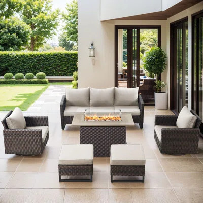 Naresa 6-Piece Outdoor Sofa Set, Wicker Patio Furniture Set With Fire Pit Table, All-Weather PE Wicker , Brown Wicker Beige Cusion | Wayfair North America