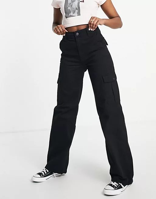 Pull&Bear high waist wide leg cargo pants in black | ASOS (Global)