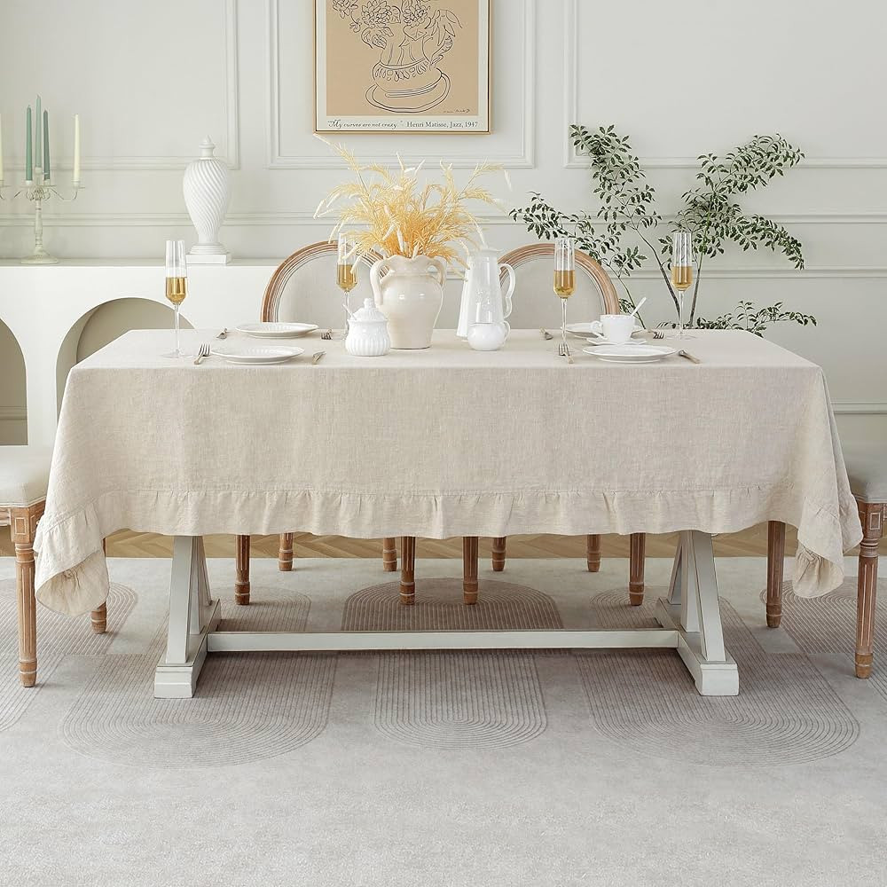 Ruffle Linen Tablecloth, 100% French Linen Natural Tablecloth 108" x 60" Inch, Washable Rectangul... | Amazon (US)