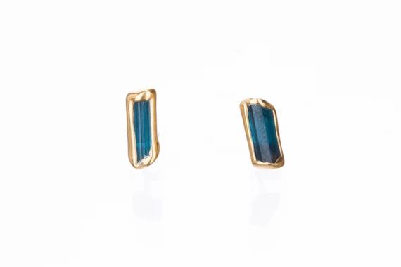 Raw Blue Tourmaline Earrings, Dark Blue Bar Earrings for Women, Gold Earring, Raw Tourmaline Earr... | Etsy (US)