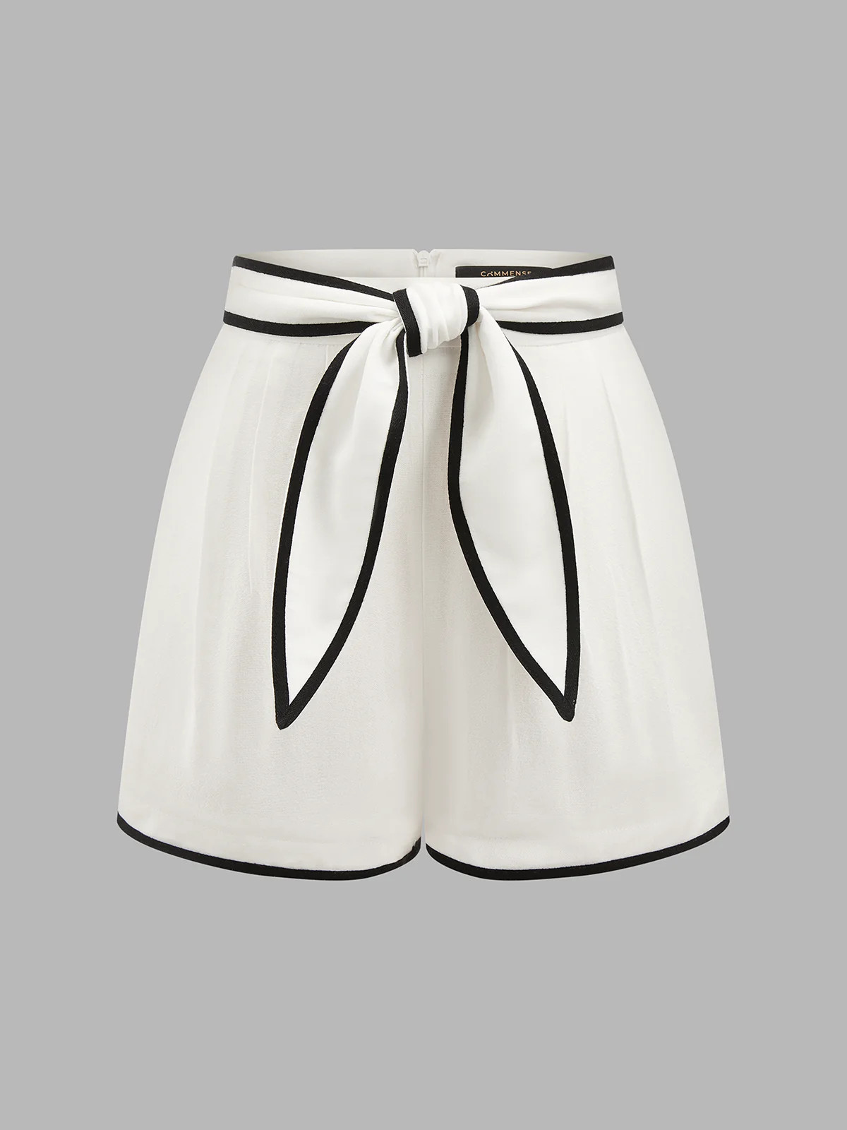 Contrast Trim Cotton Linen Tie-Waist Shorts | Commense