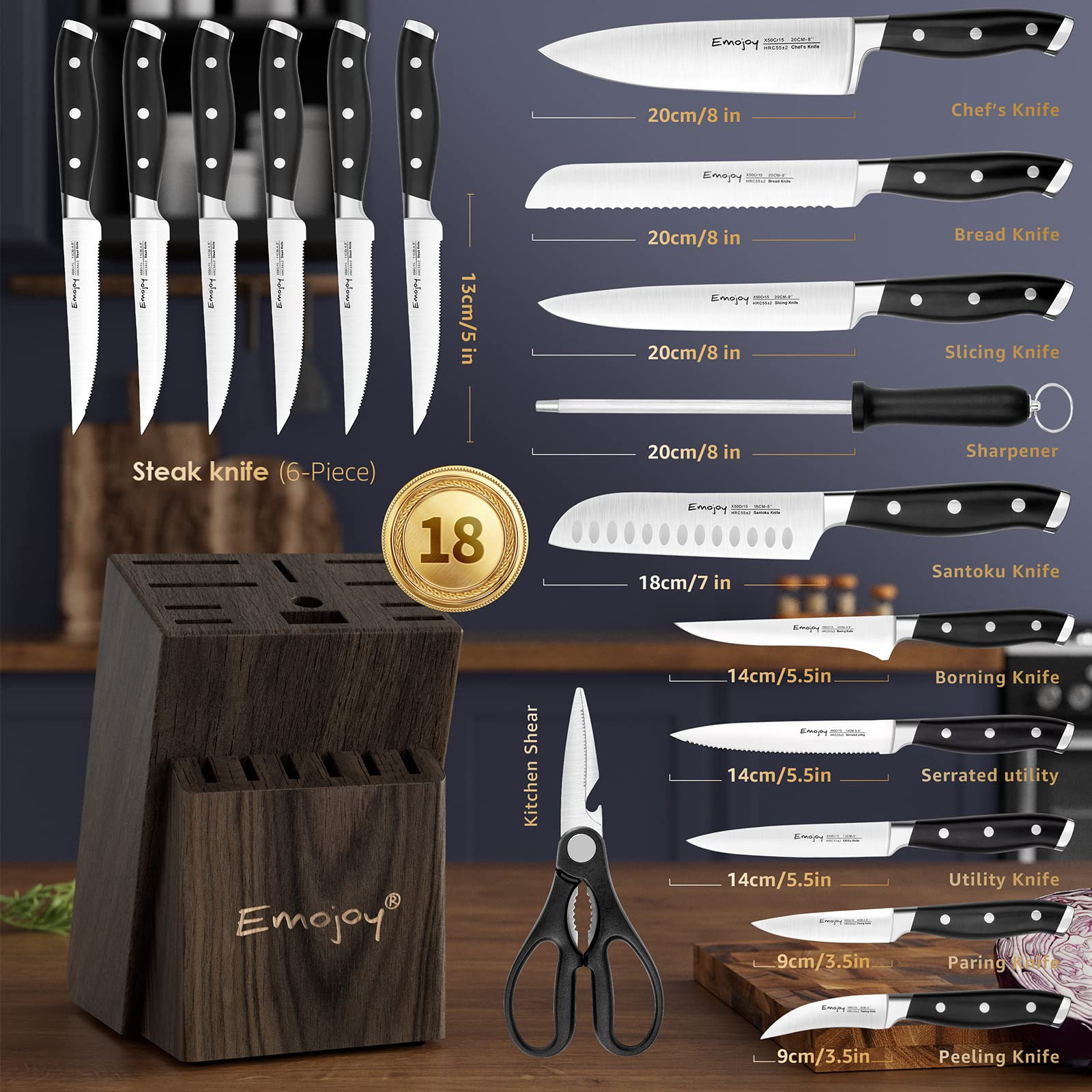 Emojoy Knife Set, 18-Piece Kitchen Knife Set with Block Wooden, Manual Sharpening for Chef Knife ... | Amazon (US)