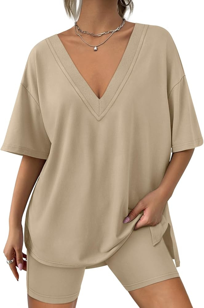 AUTOMET Womens 2 Piece Sets Summer Outfits Reversible Oversized T Shirts Tops Biker Shorts Lounge... | Amazon (US)