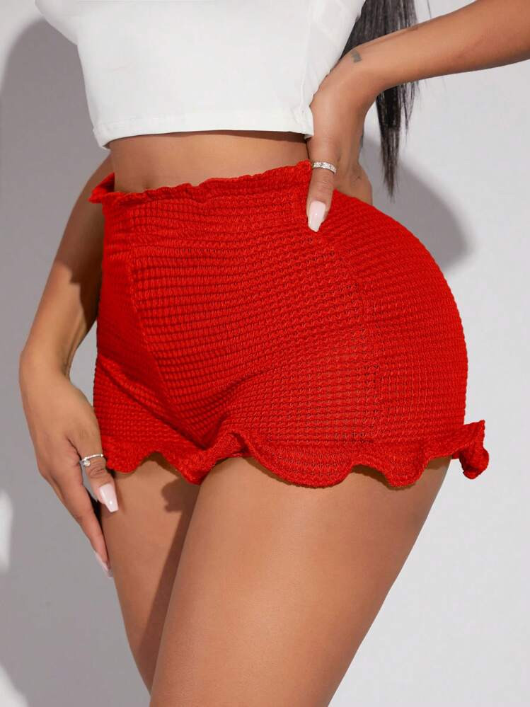 SHEIN SXY Summer/Beach;Women's Knitted Paper Bag Waist Shorts With Pleats And Lace Hem, Solid Color | SHEIN