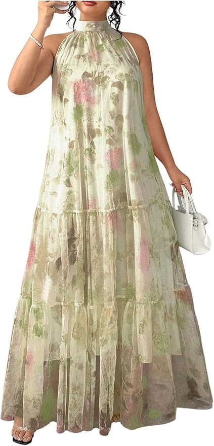BEAUDRM Women's Plus Size Boho Maxi Dress Ruffle Flowy Wedding Guest Dress Halter Sleeveless Summ... | Amazon (US)