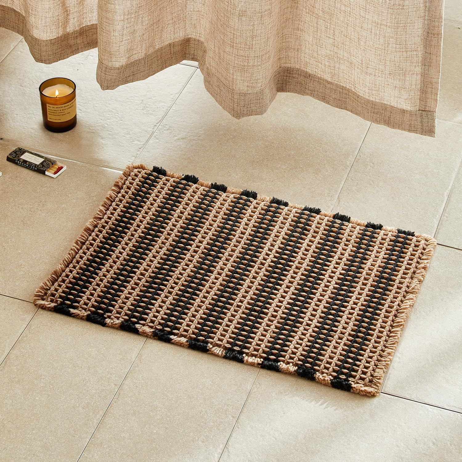 Waffle Bath Mat, Small Boho Bathroom Rugs Non Slip 24x16 Black & Khaki | Amazon (US)