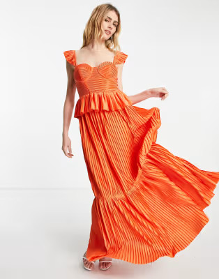 ASOS DESIGN corset detail pleated tiered maxi dress in orange | ASOS (Global)