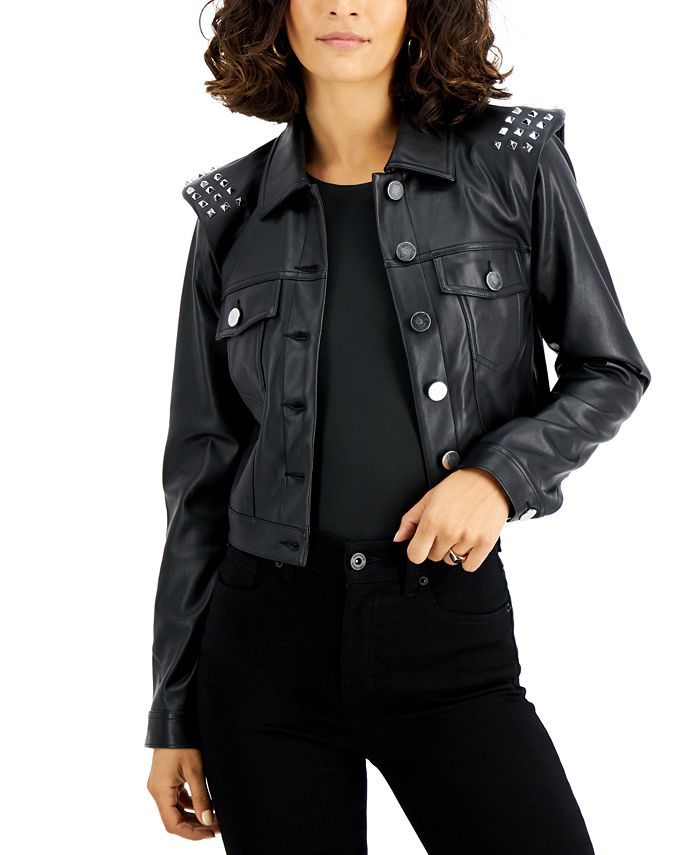 Bar III Studded-Shoulder Faux-Leather Jacket, Created for Macy's & Reviews - Jackets & Blazers - ... | Macys (US)