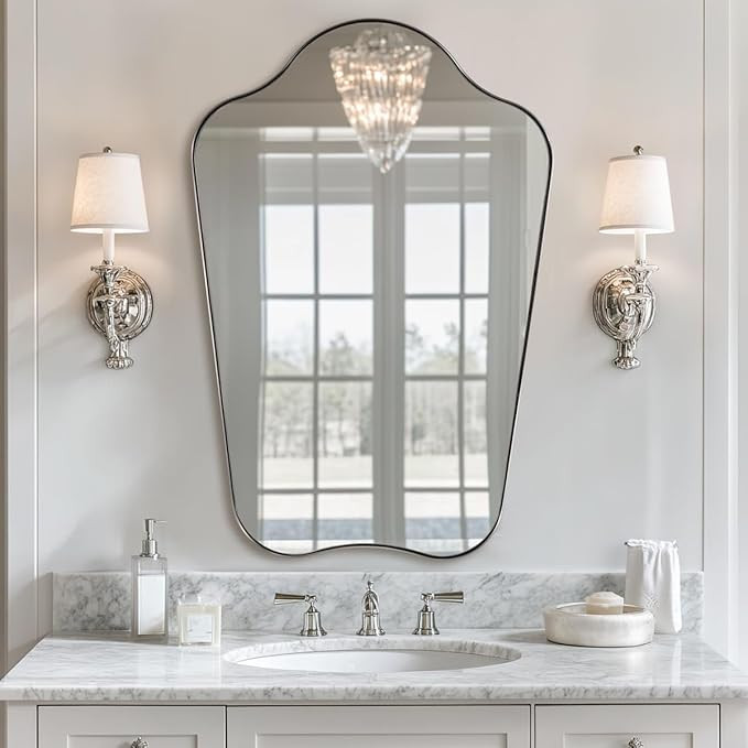 ANDY STAR Brushed Nickel Bathroom Mirror, 24x36 Scalloped Wall Mirror for Vanity, Asymmetrical Sh... | Amazon (US)