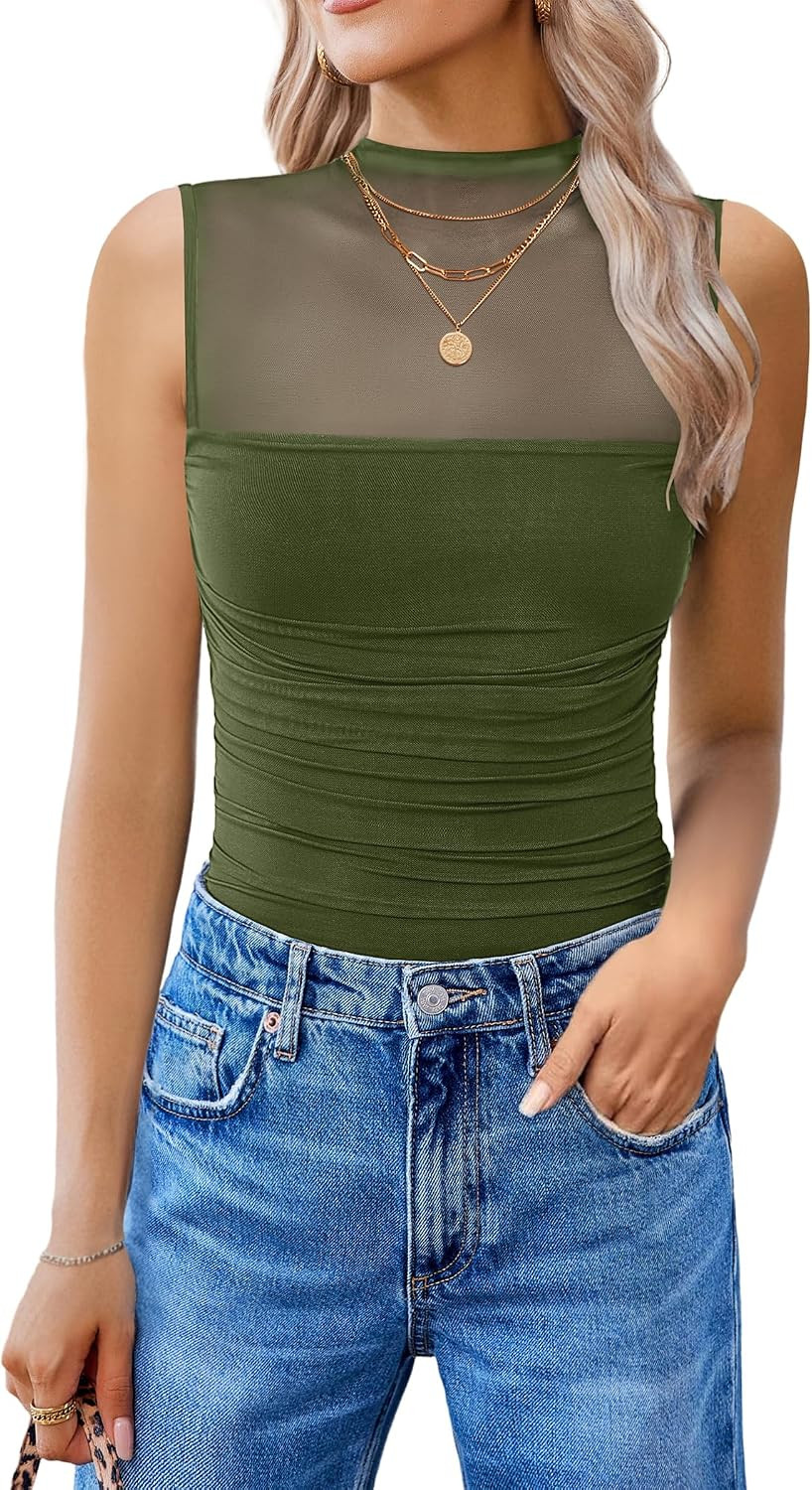 Avidlove Women's Mock Neck Mesh Bodysuit Ruched Tank Body Suits Top Sheer One Piece Going Out Tops Classy Outfits | Amazon (US)