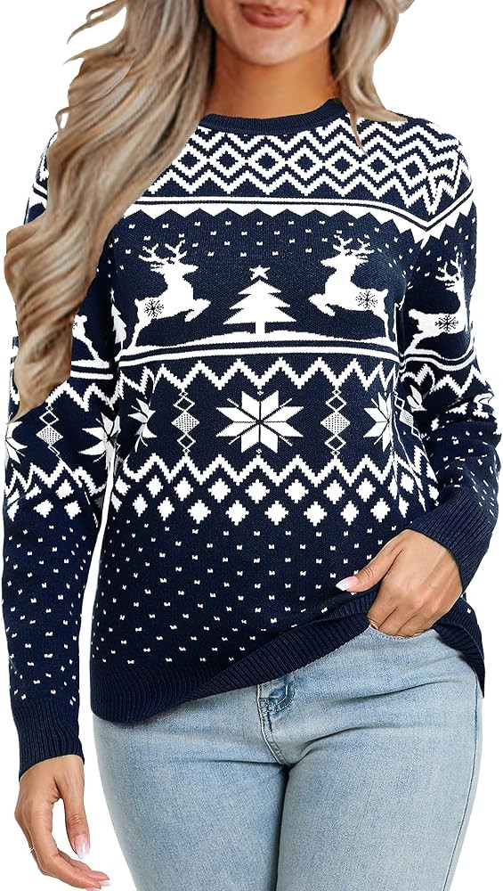 Christmas Sweater Couple Matching Reindeer Snowflakes Crewneck Knit Pullover Men Women Xmas Jumpe... | Amazon (US)