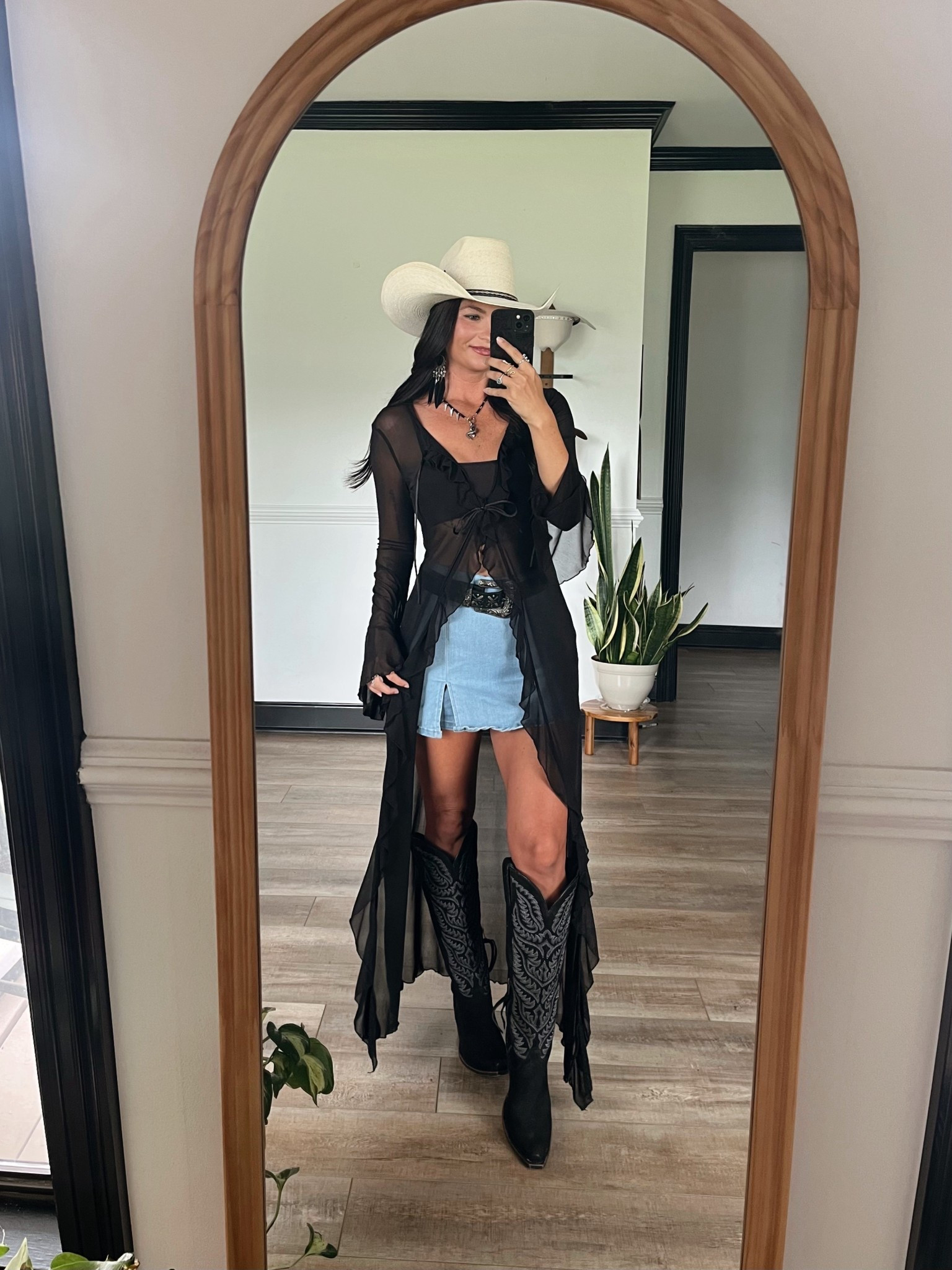 Country concert outfit inspo! Black sheer front tie kimono pared with skort and black western boots! Wearing xs in all

#LTKootd #LTKFestival #LTKSeasonal
