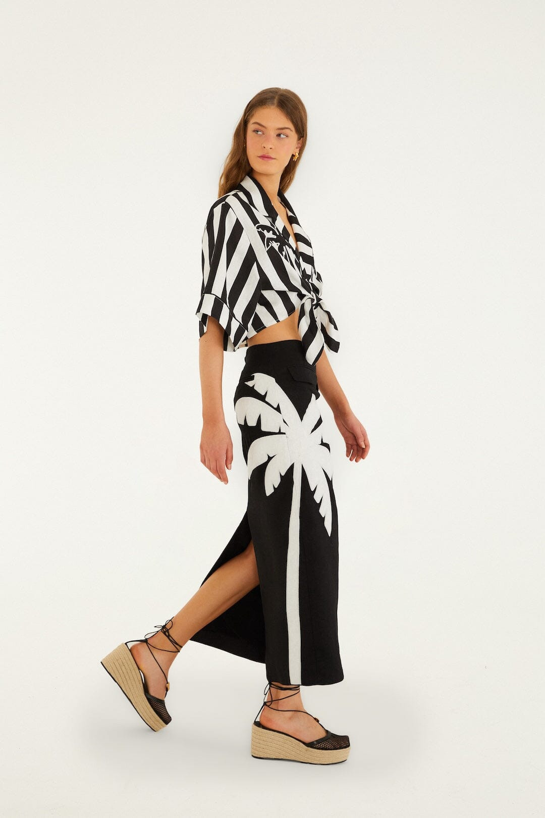 Black Embroidered Palm Tree Euroflax Premium Linen Maxi Skirt | FARM Rio | FarmRio (US)