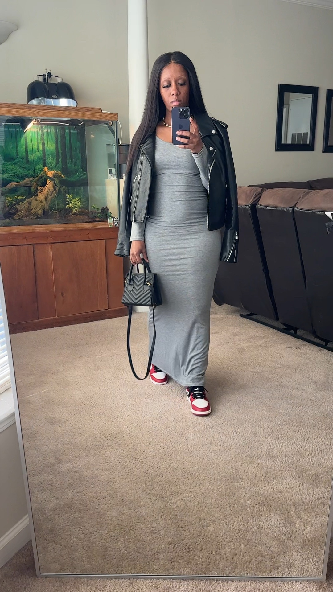 Styling the Air Jordan 1 Lost and Found with a dress. I’m wearing a black faux leather moto jacket in a size small and a gray maxi dress in a size small. This is for those days you want to mix comfort with style.

#LTKfindsunder50 #LTKstyletip #LTKshoecrush