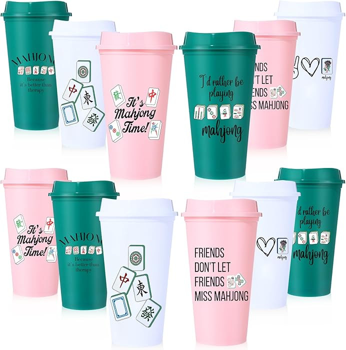 12 Sets Mahjong Party Favors 16 oz Mahjong Tumbler Reusable Plastic Coffee Cup with Lid Travel Co... | Amazon (US)