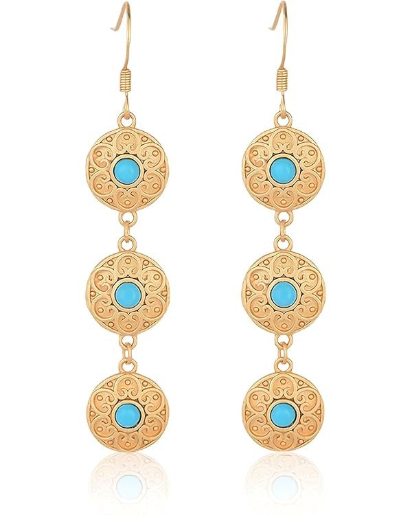 Bohemian Floral Filigree Gold Plated Turquoise Lapis Lazuli Drop Dangle Earrings, 925 Sterling Si... | Amazon (US)