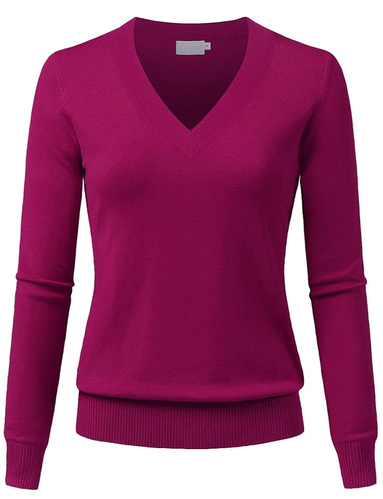 Women's V-Neck Long Sleeve Solid Basic Soft Stretch Pullover Knit Sweater | Amazon (US)