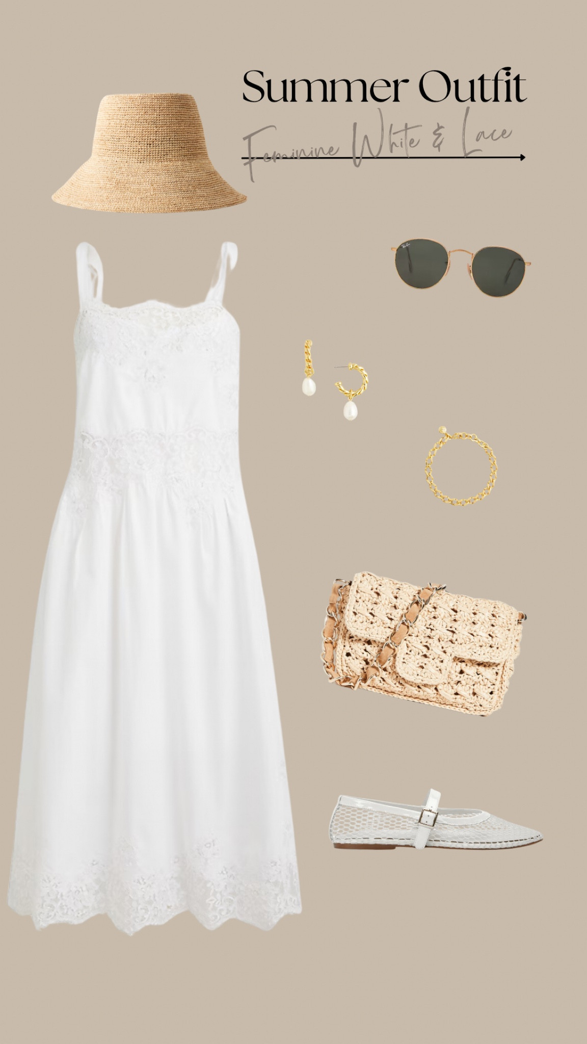 Summer outfit 

White dress, summer dress, lace dress, white mesh Mary Jane, gold watch, summer style 