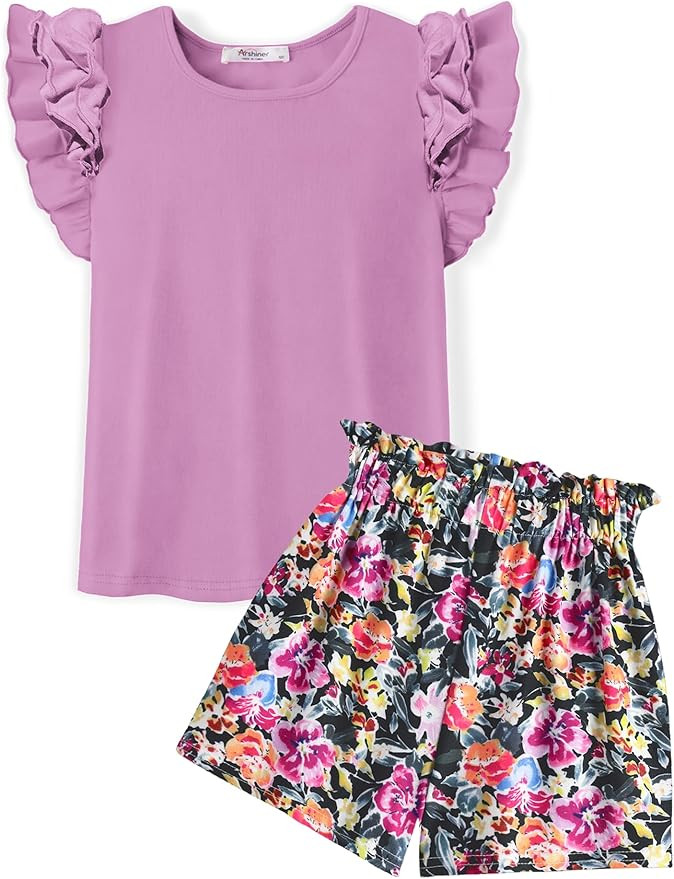 Arshiner Girls 2 Piece Outfits Summer Clothes Ruffle Short Sleeve Shirts Top and High Waist Paper... | Amazon (US)