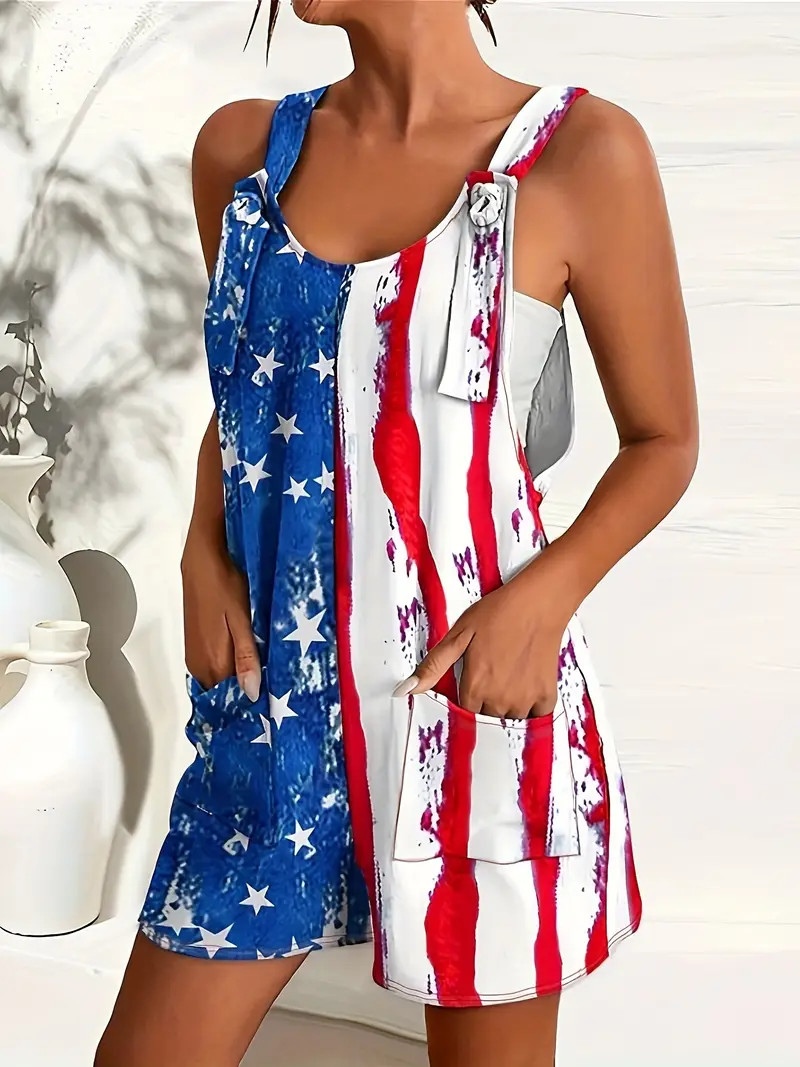 American Flag Print Overall Romper Casual Pocket Front - Temu | Temu Affiliate Program