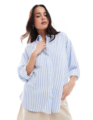 Stradivarius linen look long sleeve shirt in light blue stripe | ASOS | ASOS (Global)