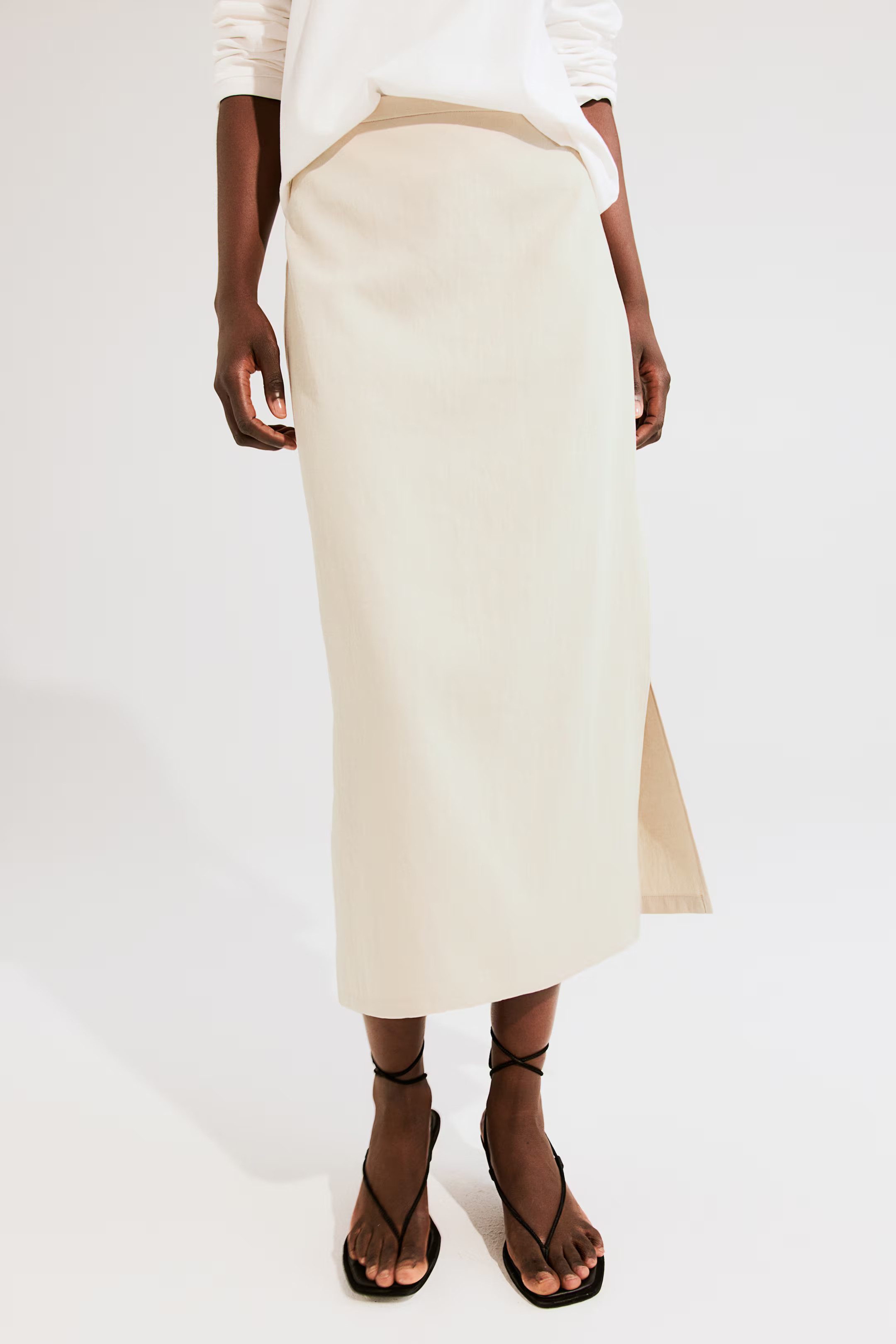 Twill column skirt - High waist - Midi - Light beige - Ladies | H&M GB | H&M (UK, MY, IN, SG, PH, TW, HK)