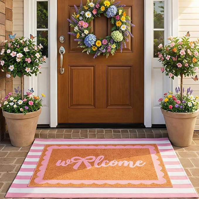 Tinideya 2 Pcs Pink Bow Welcome Doormat Layered Pink and White Striped Door Mat 23x35 Inch Coquet... | Amazon (US)