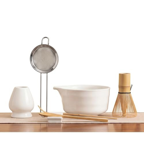 YOLIFE 7 Pcs Matcha Whisk Set, Includes Matcha Bowl with Spout, Bamboo Whisk (Chasen) with Ceramic Holder, Scoop and Powder Spoon, Sifter, Matcha Kit for Ceremony (White) | Amazon (US)