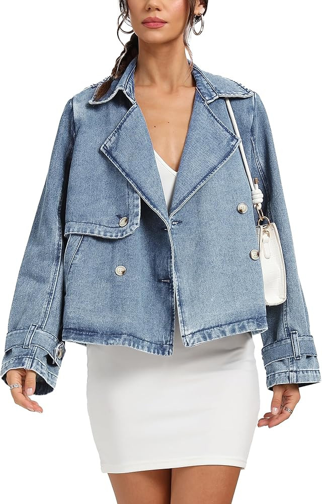 D-Sun Women Cropped Denim Jacket Short Jean Trench Coat V Neck Collared Long Sleeve Button Denim ... | Amazon (US)