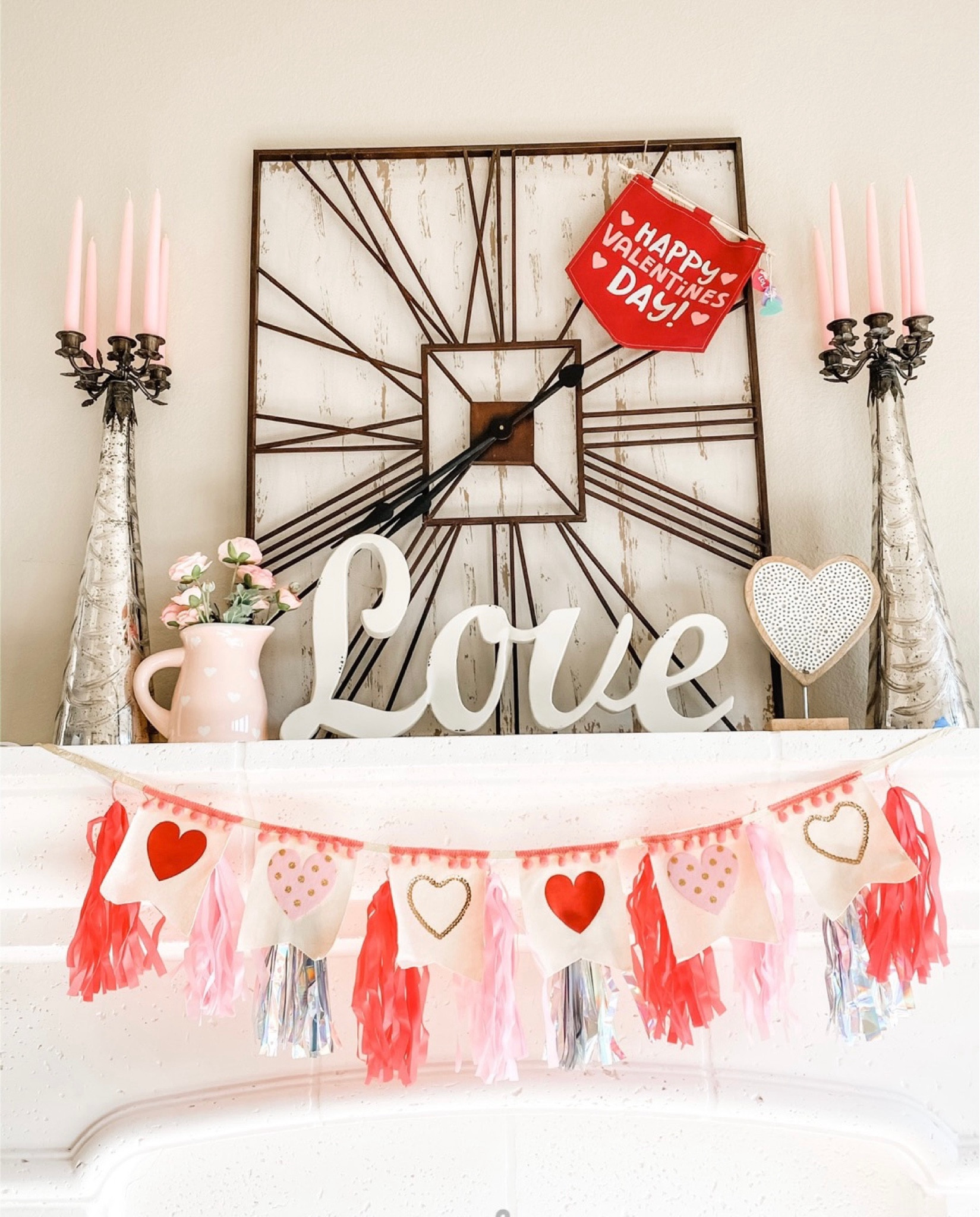  Valentine’s Day decor.  Valentine’s Day mantle. Season of love. Heart banner. Pink candle. Love sign. Valentines flag

#LTKSeasonal #LTKstyletip #LTKhome