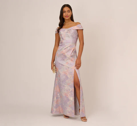 Watercolor Floral Print Gown With Off The Shoulder Neckline In Blue Multi | Adrianna Papell