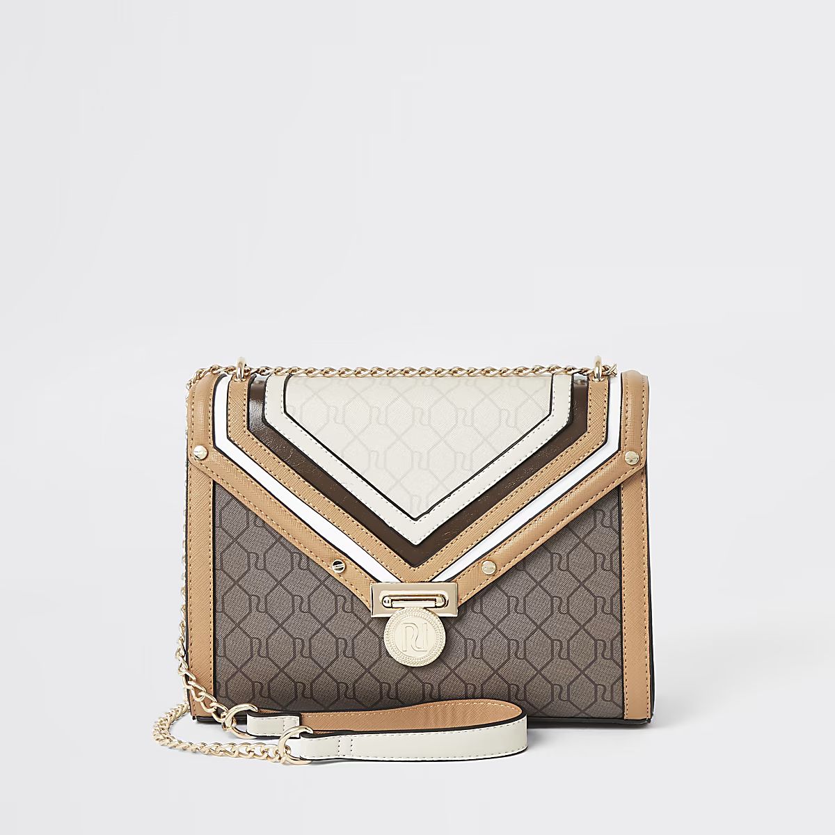 Dark beige RI monogram quilted cross body bag | River Island (UK & IE)