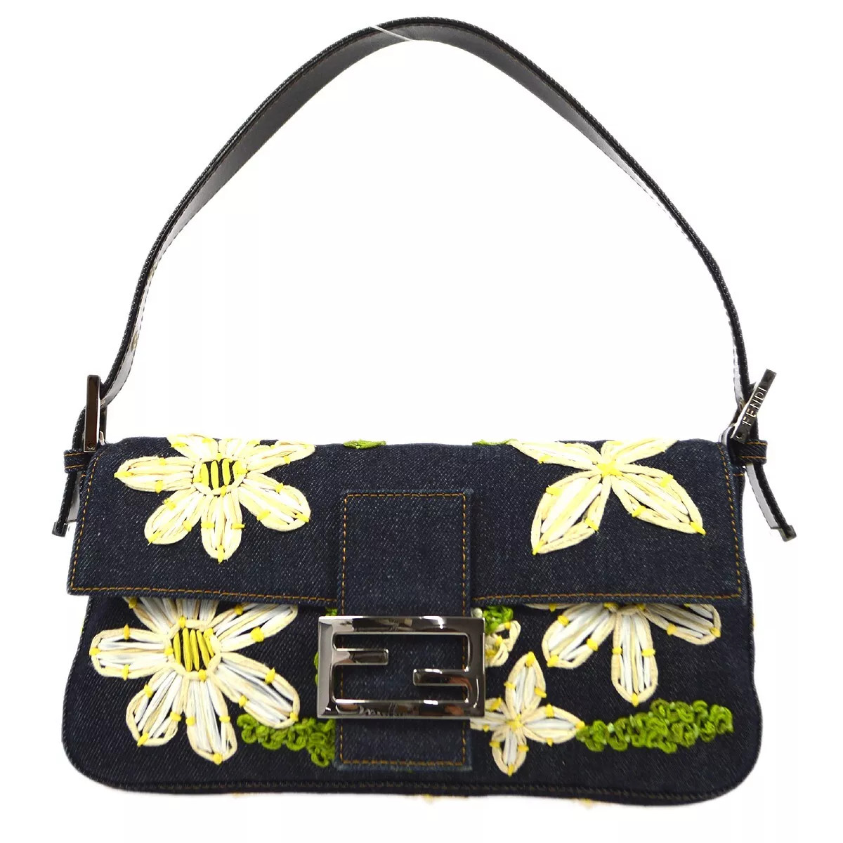 Fendi Blue Denim Floral Embroidered Baguette Handbag 2373 26124 008 161965 | eBay US