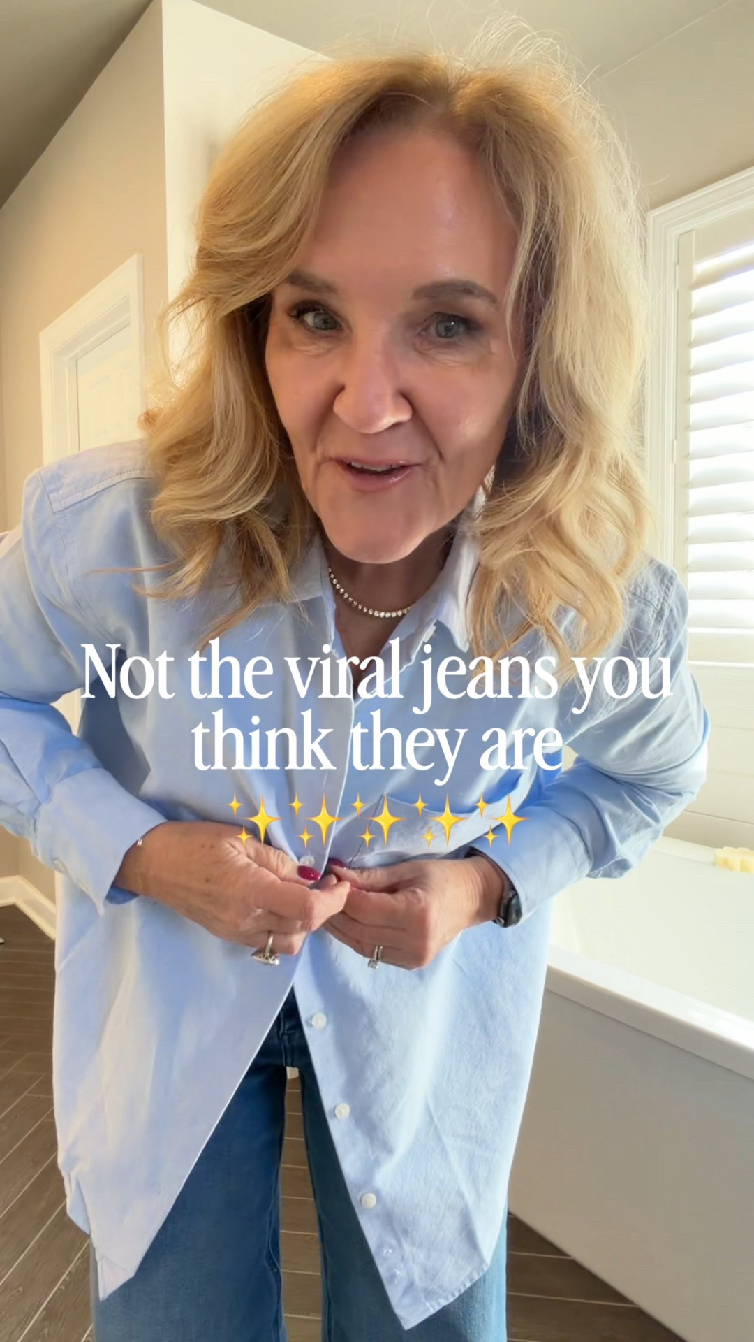 @quince palazzo jeans size 29 only 1 inseam so I need to wear a heel. 
Blue oxford size medium 
Navy blazer size 10 petite super modern but classic 
My tennis necklace is on sale. Don’t miss it. So is my cross

#LTKgrwm #LTKOver40 #LTKootd