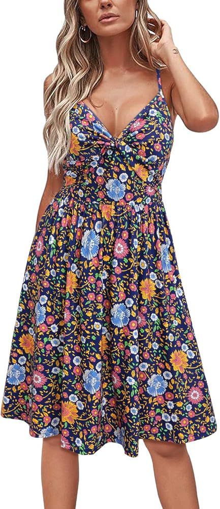 OUGES Womens Summer Floral Sundress Adjustable Spaghetti Strap V Neck Wrap Midi Dress with Pocket... | Amazon (US)
