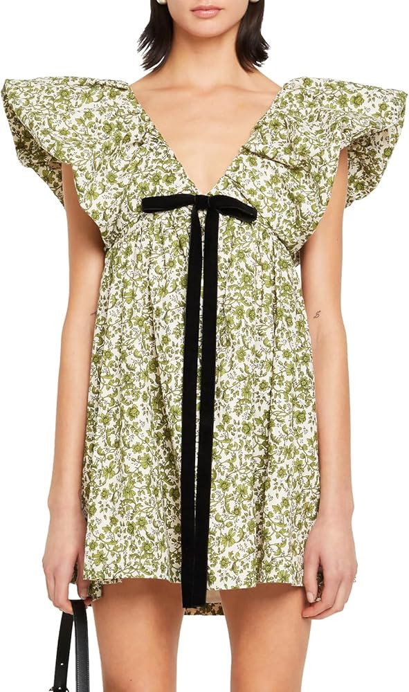 hibshaby Women's Floral Print Mini Dress V Neck Puff Sleeve Dress Short Babydoll Bow Dress | Amazon (US)