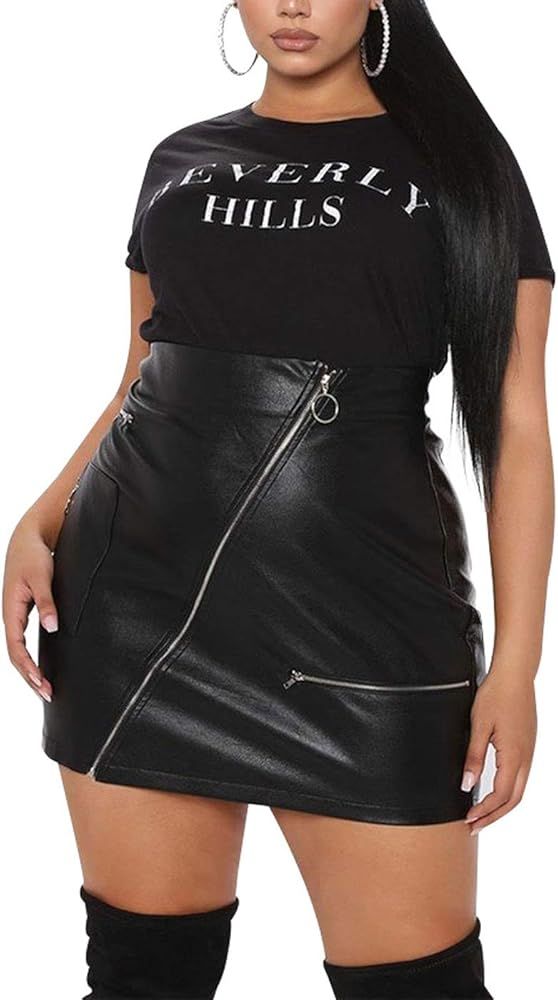 PYL Women’s Plus Size Zipper PU Faux Leather Skirt Short High Waist Mini Bodycon | Amazon (US)