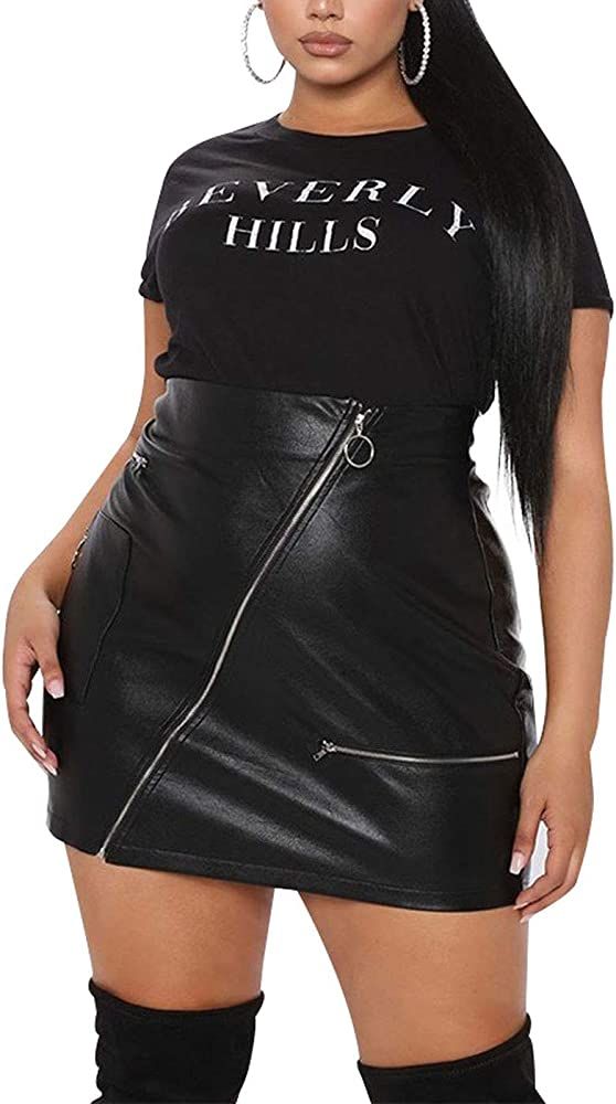 PYL Women’s Plus Size Zipper PU Faux Leather Skirt Short High Waist Mini Bodycon | Amazon (US)