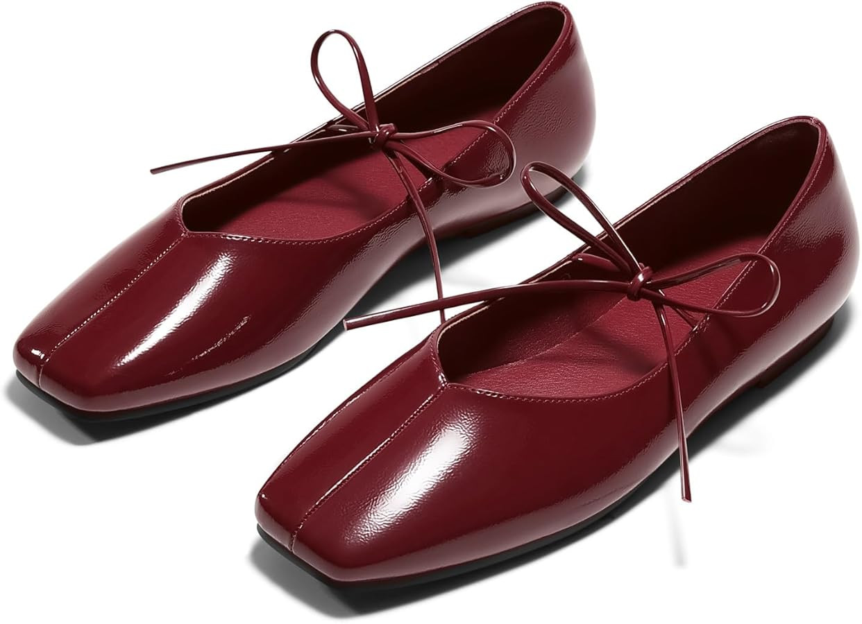 Coutgo Womens Mary Jane Flats Lace Up Square Toe Ballet Ballerina Flats Slip On Comfortable Dress... | Amazon (US)